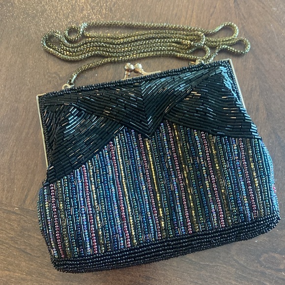 Vintage Black and multi Beaded Purse antique Gold tone Chain Shoulder Strap - Picture 2 of 16